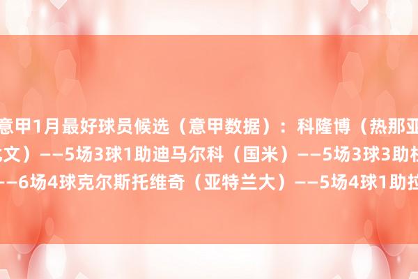 意甲1月最好球员候选（意甲数据）：科隆博（热那亚）——5场3球戴维（尤文）——5场3球1助迪马尔科（国米）——5场3球3助杜维卡斯（科莫）——6场4球克尔斯托维奇（亚特兰大）——5场4球1助拉比奥特（米兰）——6场2球2助    体育赛事直播
