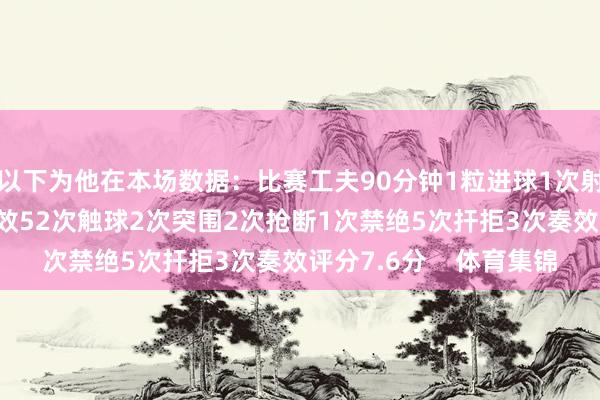 以下为他在本场数据：比赛工夫90分钟1粒进球1次射门2次过东谈主1次奏效52次触球2次突围2次抢断1次禁绝5次扞拒3次奏效评分7.6分    体育集锦